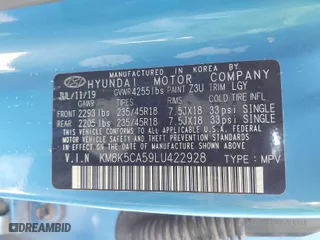 2020 Hyundai Kona Ultimate with VIN KM8K5CA59LU422928, listed as a IAAI auction lot 41882218 with 78,524 mi miles. Bid and sale history available at carsss.com. Image 9.