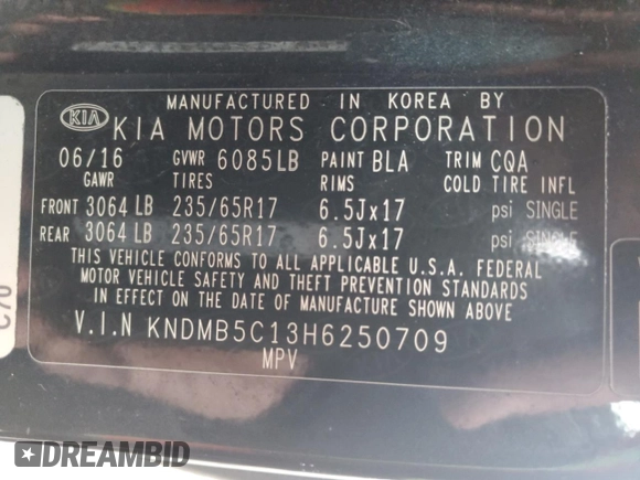 2017 Kia Sedona LX with VIN KNDMB5C13H6250709, listed as a Copart auction lot 87812505 with 0 mi miles and Salvage Title. Bid and sale history available at carsss.com. Image 16.