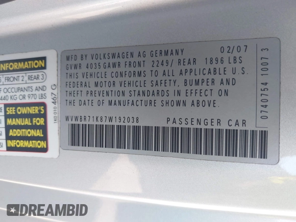 2007 Volkswagen Rabbit with VIN WVWBR71K87W192038, listed as a IAAI auction lot 42665118 with 208,562 mi miles and . Bid and sale history available at DreamBid. Image 9.