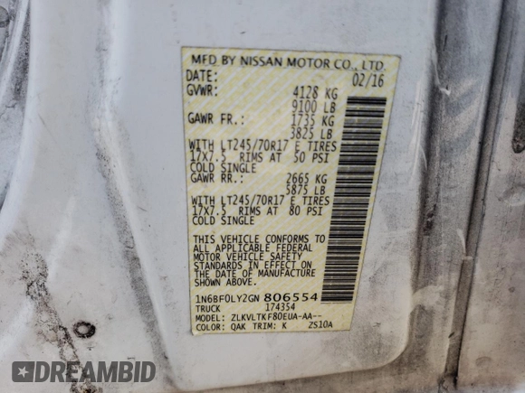 2016 Nissan NV Cargo SV z VIN 1N6BF0LY2GN806554, wystawiony jako Copart lot #68415294 z przebiegiem 93 384 mil mil oraz Szkoda całkowita • Salvage title. Historia ofert i sprzedaży dostępna na DreamBid. Obrazek 13.