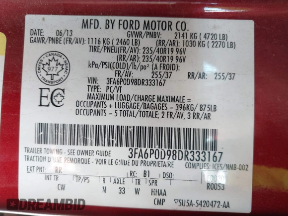 2013 Ford Fusion Titanium with VIN 3FA6P0D98DR333167, listed as a IAAI auction lot 39914722 with 200,851 mi miles. Bid and sale history available at carsss.com. Image 9.