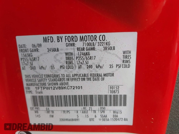 2009 Ford F-150 XL with VIN 1FTPW12V89KC72101, listed as a IAAI auction lot 41931471 with 91,729 mi miles. Bid and sale history available at carsss.com. Image 9.