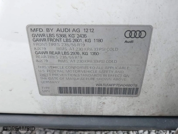 2013 Audi Q5 Premium Plus with VIN WA1LFAFP7DA046019, listed as a IAAI auction lot 41385086 with 174,756 mi miles. Bid and sale history available at carsss.com. Image 9.