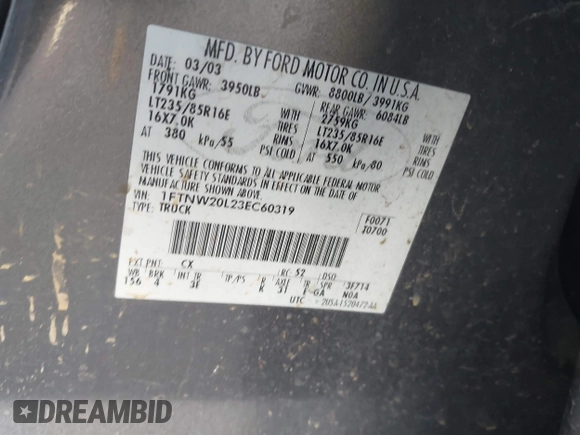2003 Ford F-250 XL with VIN 1FTNW20L23EC60319, listed as a IAAI auction lot 41523726 with Not provided miles and . Bid and sale history available at DreamBid. Image 9.