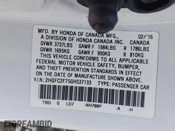 2016 Honda Civic Sedan EX with VIN 2HGFC2F75GH537133, listed as a IAAI auction lot 42081927 with 130,917 mi miles. Bid and sale history available at carsss.com. Image 9.