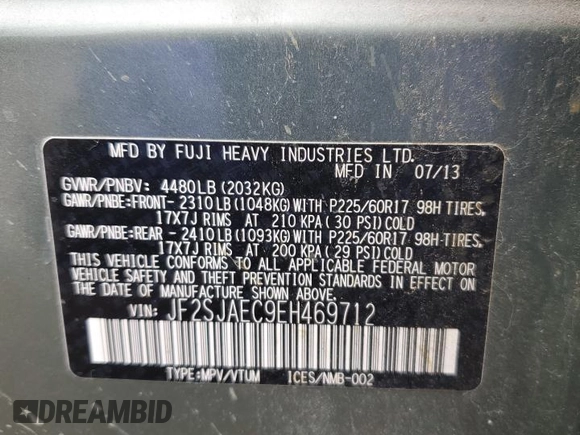 2014 Subaru Forester Premium with VIN JF2SJAEC9EH469712, listed as a Copart auction lot 58833365 with Not provided miles and Salvage title. Bid and sale history available at DreamBid. Image 12.