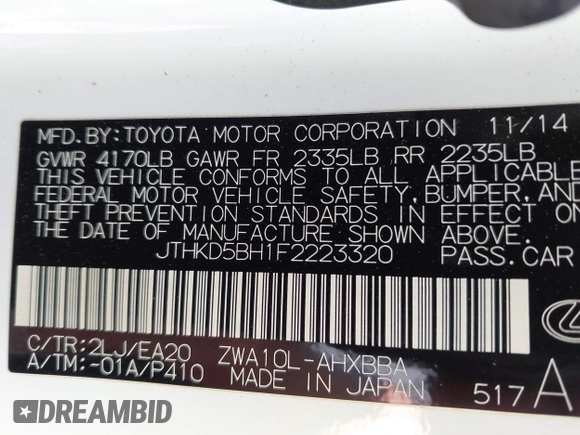 2015 Lexus CT 200h Hybrid with VIN JTHKD5BH1F2223320, listed as a IAAI auction lot 42087493 with 132,577 mi miles. Bid and sale history available at carsss.com. Image 9.