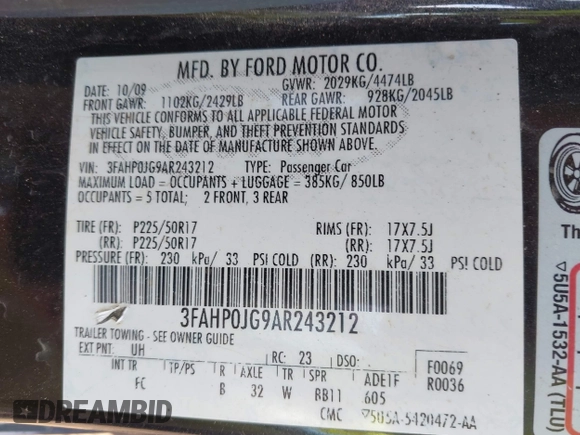 2010 Ford Fusion SEL with VIN 3FAHP0JG9AR243212, listed as a IAAI auction lot 42038188 with 193,785 mi miles and . Bid and sale history available at DreamBid. Image 9.