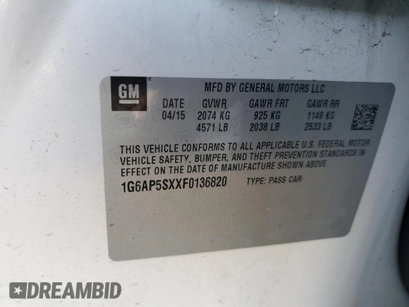 2015 Cadillac CTS RWD with VIN 1G6AP5SXXF0136820, listed as a Copart auction lot 54666385 with 129,763 mi miles and Clean title. Bid and sale history available at DreamBid. Image 13.