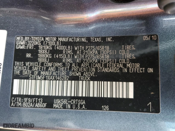 2010 Toyota Tundra 4WD Truck with VIN 5TFUW5F1XAX146282, listed as a Copart auction lot 46685455 with 265,269 mi miles and Clean Title. Bid and sale history available at carsss.com. Image 12.