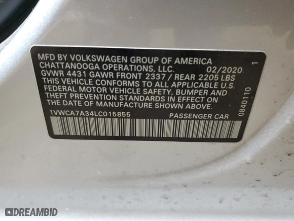 2020 Volkswagen Passat 2.0T SEL with VIN 1VWCA7A34LC015855, listed as a Copart auction lot 44553995 with 32,612 mi miles and Salvage Title. Bid and sale history available at carsss.com. Image 12.