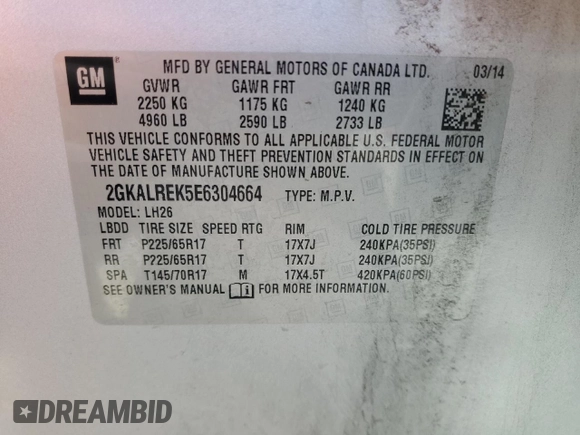 2014 GMC Terrain SLE z VIN 2GKALREK5E6304664, wystawiony jako Copart lot #64314905 z przebiegiem 79 893 mil mil oraz Szkoda całkowita • Salvage title. Historia ofert i sprzedaży dostępna na DreamBid. Obrazek 13.