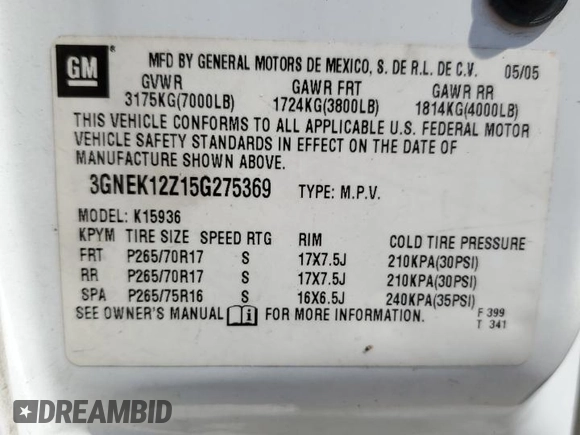 2005 Chevrolet Avalanche LS z VIN 3GNEK12Z15G275369, wystawiony jako Copart lot #59107835 z przebiegiem 252 387 mil mil oraz Szkoda całkowita • Salvage title. Historia ofert i sprzedaży dostępna na DreamBid. Obrazek 12.