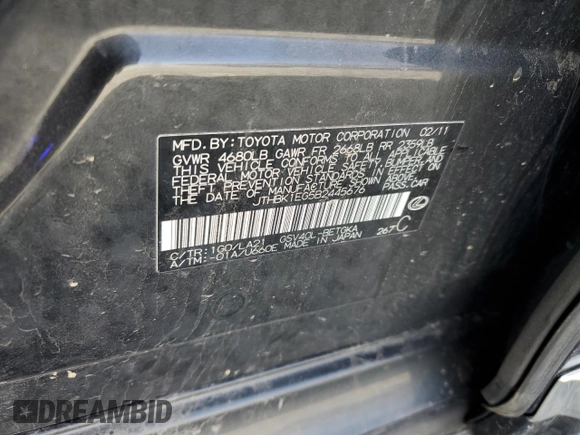 2011 Lexus ES 330 with VIN JTHBK1EG5B2445676, listed as a Copart auction lot 55038925 with 201,649 mi miles and Salvage Title. Bid and sale history available at DreamBid. Image 12.