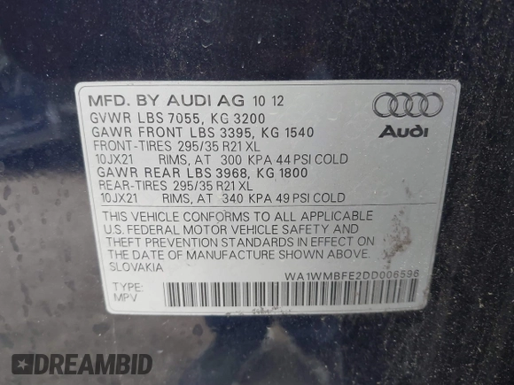 2013 Audi Q7 3.0L TDI Prestige with VIN WA1WMBFE2DD006596, listed as a IAAI auction lot 41879103 with 118,956 mi miles. Bid and sale history available at carsss.com. Image 9.