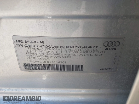 2007 Audi A4 with VIN WAUAH78EX7A114708, listed as a IAAI auction lot 41981163 with 163,508 mi miles and . Bid and sale history available at DreamBid. Image 9.