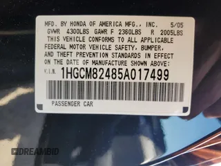 2005 Honda Accord LX SE z VIN 1HGCM82485A017499, wystawiony jako Copart lot #48952225 z przebiegiem 149 806 mil mil oraz Szkoda całkowita • Salvage title. Historia ofert i sprzedaży dostępna na DreamBid. Obrazek 12.