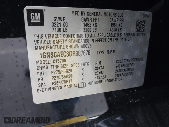 2016 Chevrolet Tahoe LS z VIN 1GNSCAEC8GR387676, wystawiony jako IAAI lot #41774142 z przebiegiem 36 695 mil mil oraz . Historia ofert i sprzedaży dostępna na DreamBid. Obrazek 9.