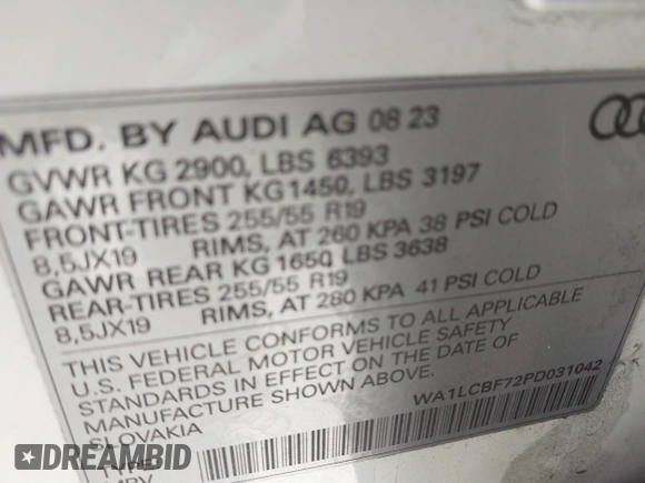 2023 Audi Q7 Premium Plus with VIN WA1LCBF72PD031042, listed as a IAAI auction lot 41825855 with 28,869 mi miles and . Bid and sale history available at DreamBid. Image 9.