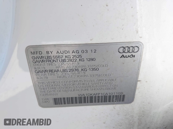 2012 Audi Q5 3.2L Premium Plus with VIN WA1DKAFP1CA101109, listed as a IAAI auction lot 41718242 with 166,120 mi miles. Bid and sale history available at carsss.com. Image 9.