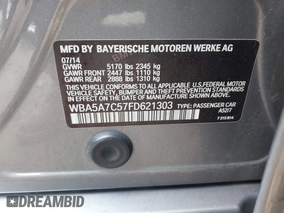 2015 BMW 5 Series 528i xDrive with VIN WBA5A7C57FD621303, listed as a IAAI auction lot 41903679 with 113,679 mi miles and . Bid and sale history available at DreamBid. Image 9.