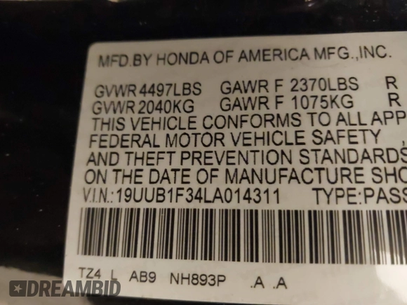 2020 Acura TLX with VIN 19UUB1F34LA014311, listed as a IAAI auction lot 41868739 with 159,592 mi miles. Bid and sale history available at carsss.com. Image 9.