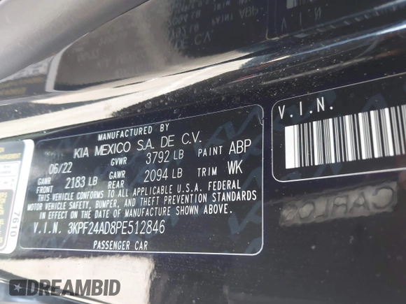 2023 Kia Forte LXS with VIN 3KPF24AD8PE512846, listed as a IAAI auction lot 41858576 with Not Provided miles and . Bid and sale history available at DreamBid. Image 9.
