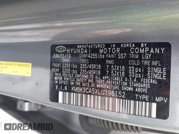 2020 Hyundai Kona Limited with VIN KM8K3CA5XLU396152, listed as a IAAI auction lot 42165576 with 35,260 mi miles. Bid and sale history available at carsss.com. Image 9.