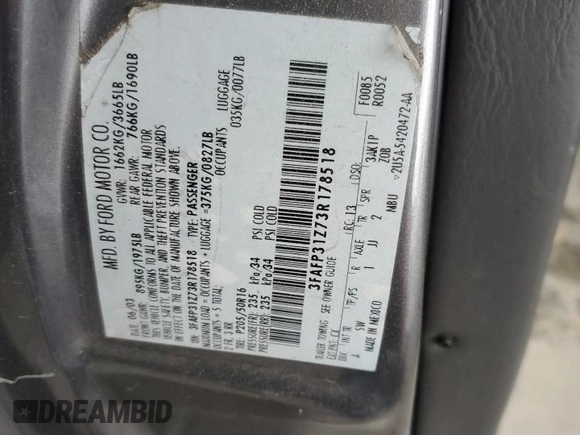 2003 Ford Focus ZX3 with VIN 3FAFP31Z73R178518, listed as a Copart auction lot 50200105 with 317,147 mi miles and Salvage title. Bid and sale history available at DreamBid. Image 12.