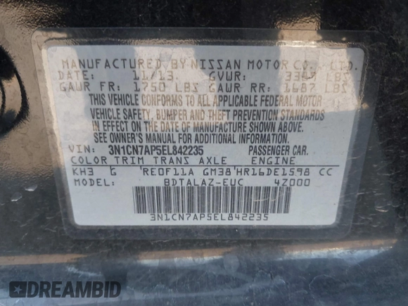 2014 Nissan Versa SV with VIN 3N1CN7AP5EL842235, listed as a IAAI auction lot 41715159 with 127,456 mi miles. Bid and sale history available at carsss.com. Image 9.