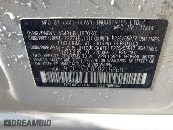 2015 Subaru Crosstrek Premium with VIN JF2GPACC8F8215868, listed as a IAAI auction lot 42188349 with 190,781 mi miles and . Bid and sale history available at DreamBid. Image 9.
