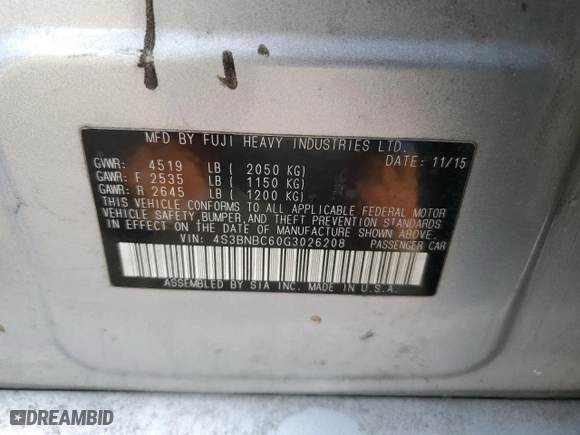 2016 Subaru Legacy 2.5i Premium with VIN 4S3BNBC60G3026208, listed as a Copart auction lot 44799545 with 108,577 mi miles and Salvage Title. Bid and sale history available at carsss.com. Image 14.