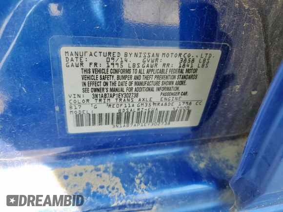 2014 Nissan Sentra SV with VIN 3N1AB7AP1EY302738, listed as a Copart auction lot 59590675 with 191,954 mi miles and Clean title. Bid and sale history available at DreamBid. Image 12.