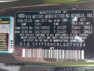 2020 Kia Telluride SX with VIN 5XYP5DHC8LG079664, listed as a IAAI auction lot 42222352 with 98,348 mi miles and . Bid and sale history available at DreamBid. Image 9.