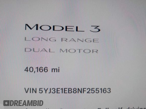 2022 Tesla Model 3 Long Range with VIN 5YJ3E1EB8NF255163, listed as a IAAI auction lot 42105451 with 40,166 mi miles and . Bid and sale history available at DreamBid. Image 15.