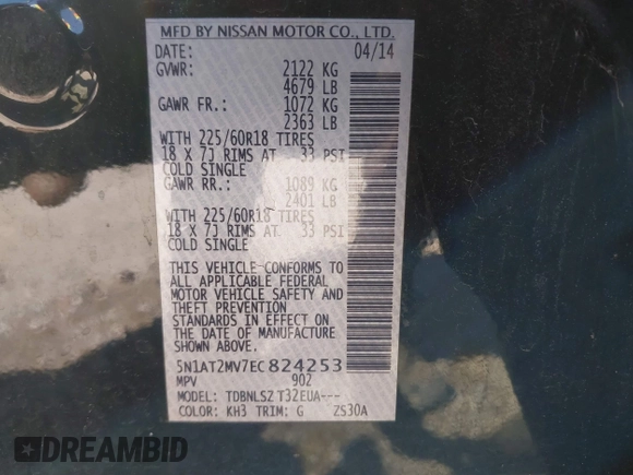 2014 Nissan Rogue S with VIN 5N1AT2MV7EC824253, listed as a IAAI auction lot 42055710 with 114,147 mi miles. Bid and sale history available at carsss.com. Image 9.