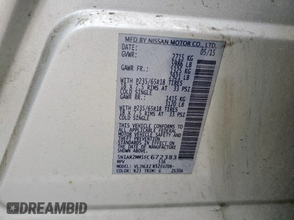 2015 Nissan Pathfinder SL with VIN 5N1AR2MM5FC672383, listed as a Copart auction lot 53771815 with 189,615 mi miles and Clean title. Bid and sale history available at DreamBid. Image 12.