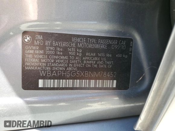 2011 BMW 3 Series 328i with VIN WBAPH5G5XBNM78452, listed as a Copart auction lot 53404895 with 163,592 mi miles and Salvage title. Bid and sale history available at DreamBid. Image 12.
