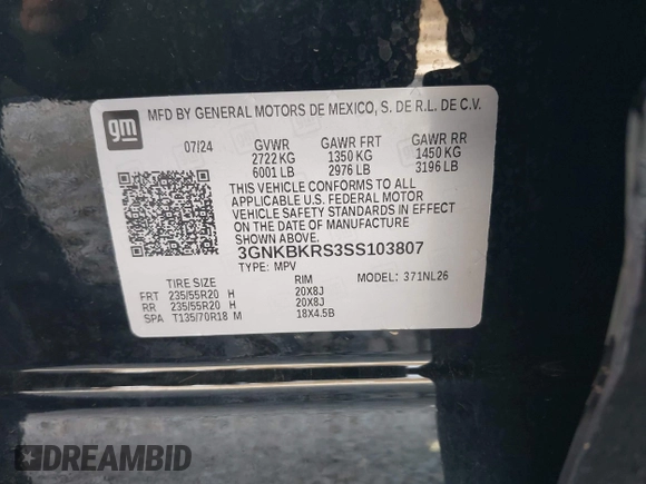 2025 Chevrolet Blazer RS with VIN 3GNKBKRS3SS103807, listed as a IAAI auction lot 41660219 with Not provided miles and . Bid and sale history available at DreamBid. Image 9.