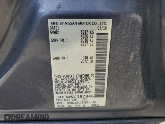 2016 Nissan Altima SR with VIN 1N4AL3AP6GC187946, listed as a Copart auction lot 61954555 with 97,871 mi miles and Salvage title. Bid and sale history available at DreamBid. Image 12.