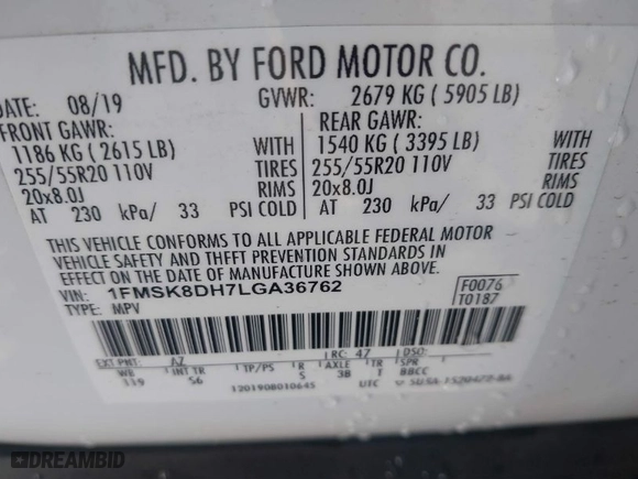 2020 Ford Explorer XLT with VIN 1FMSK8DH7LGA36762, listed as a IAAI auction lot 41606748 with 74,599 mi miles. Bid and sale history available at carsss.com. Image 9.