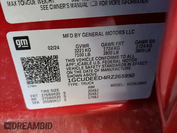 2024 Chevrolet Silverado 1500 RST with VIN 1GCUDEED4RZ265950, listed as a Copart auction lot 48008305 with 11,010 mi miles and Salvage Title. Bid and sale history available at carsss.com. Image 12.