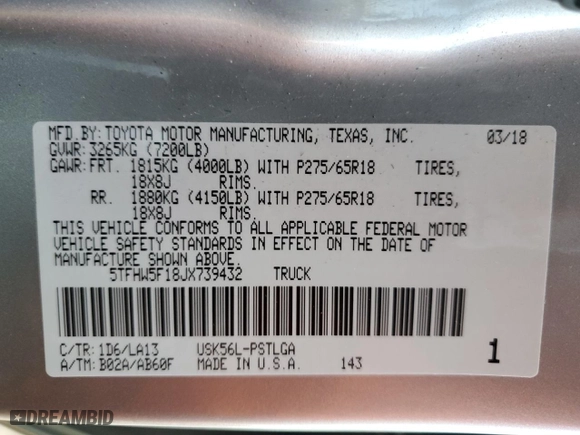 2018 Toyota Tundra 4WD SR5 with VIN 5TFHW5F18JX739432, listed as a Copart auction lot 87022974 with 110,203 mi miles and Salvage Title. Bid and sale history available at carsss.com. Image 12.