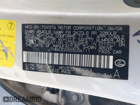 2005 Lexus ES 350 with VIN JTHBA30G555056111, listed as a IAAI auction lot 42662602 with 396,579 mi miles and . Bid and sale history available at DreamBid. Image 9.