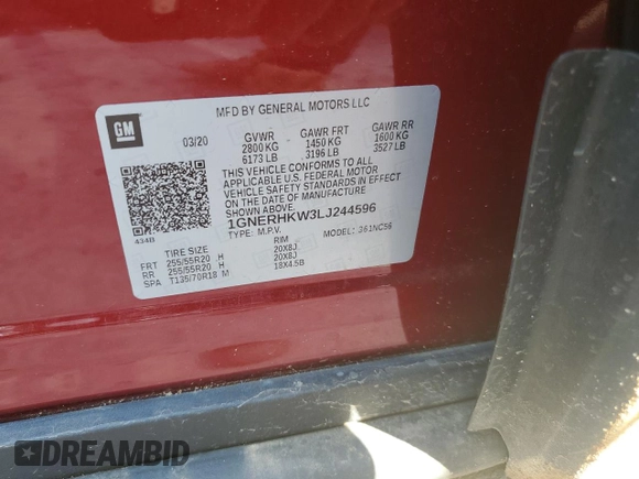 2020 Chevrolet Traverse LT Leather with VIN 1GNERHKW3LJ244596, listed as a Copart auction lot 83923704 with 0 mi miles and Salvage Title. Bid and sale history available at carsss.com. Image 14.