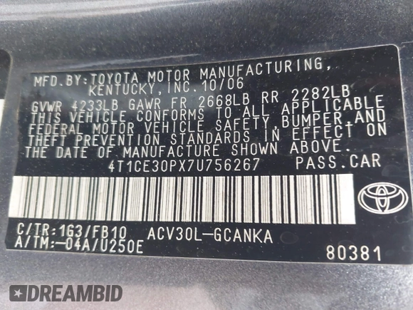 2007 Toyota Solara SE with VIN 4T1CE30PX7U756267, listed as a IAAI auction lot 42136712 with 142,769 mi miles and . Bid and sale history available at DreamBid. Image 9.