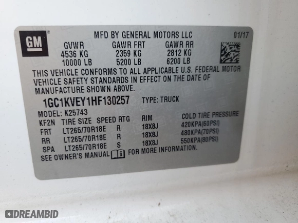 2017 Chevrolet Silverado 2500HD LT with VIN 1GC1KVEY1HF130257, listed as a Copart auction lot 83420514 with 117,201 mi miles and Non Repairable. Bid and sale history available at carsss.com. Image 12.