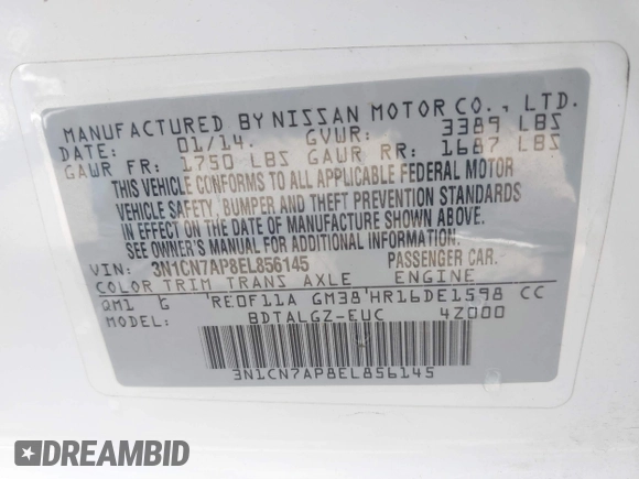 2014 Nissan Versa S Plus with VIN 3N1CN7AP8EL856145, listed as a IAAI auction lot 41896221 with 36,721 mi miles. Bid and sale history available at carsss.com. Image 9.