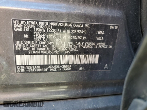 2019 Toyota RAV4 XLE Premium with VIN 2T3A1RFV6KC056792, listed as a Copart auction lot 53534865 with 80,109 mi miles and Salvage Title. Bid and sale history available at carsss.com. Image 14.