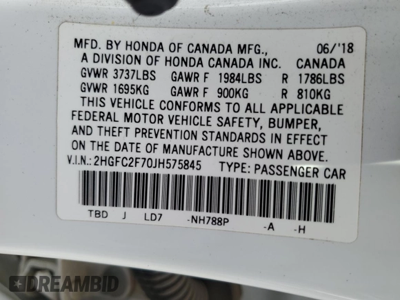 2018 Honda Civic EX with VIN 2HGFC2F70JH575845, listed as a Copart auction lot 45044455 with 220,969 mi miles and Salvage Title. Bid and sale history available at DreamBid. Image 12.